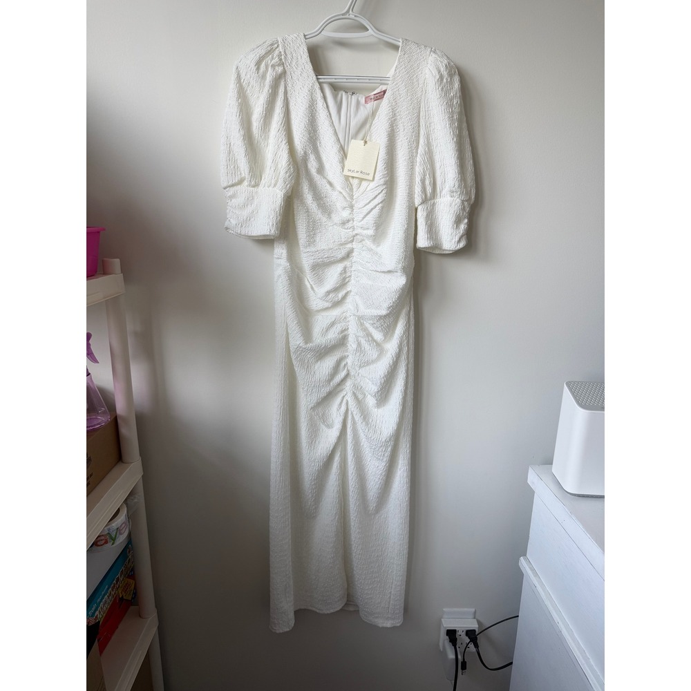 Skylar Rose White Textured Ruched Midi Dress V-Neck Puff Sleeve Bridal Event L